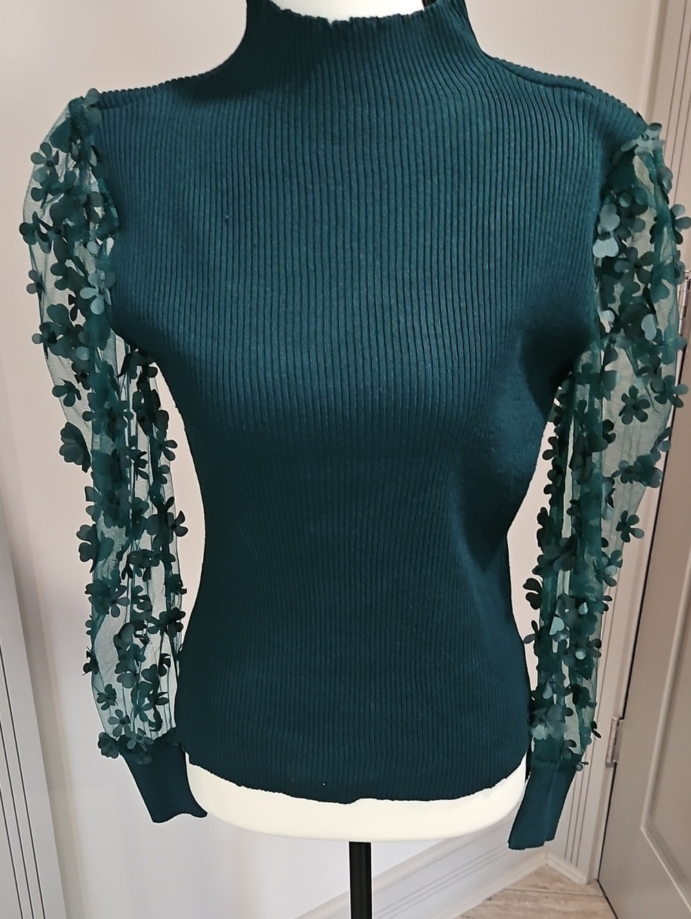 Almost Famous Teal Ribbed Turtleneck Sweater with Floral Mesh Sleeves
